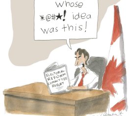 Political cartoon of Trudeau exploding over the Electoral Reform Committee Report in 2016 after he didn't get what he wanted; c/o Toronto Star