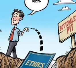 Cartoon of Justin Trudeau tossing a book on Ethics into a bottomless pit