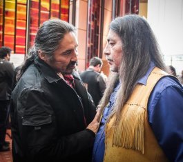 Chief Allan Adam (left) from the Athabasca Fort Chipewyan First Nation chats with Grand Chief Serge Simon from the Mohawks of Kanesatake at a Special Chiefs Assembly in Gatineau, Que., on Dec. 8, 2016. Photo by Mike De Souza