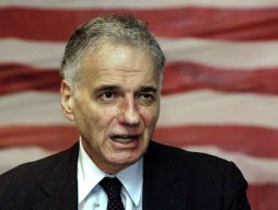 Ralph Nader in front of an American flag