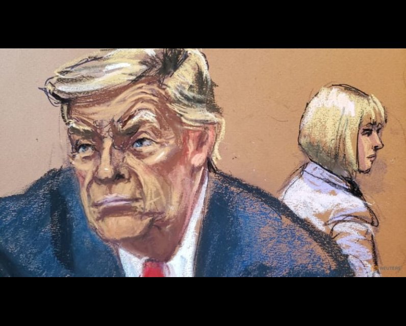 Illustration of Donald Trump in court for his defamation trial 