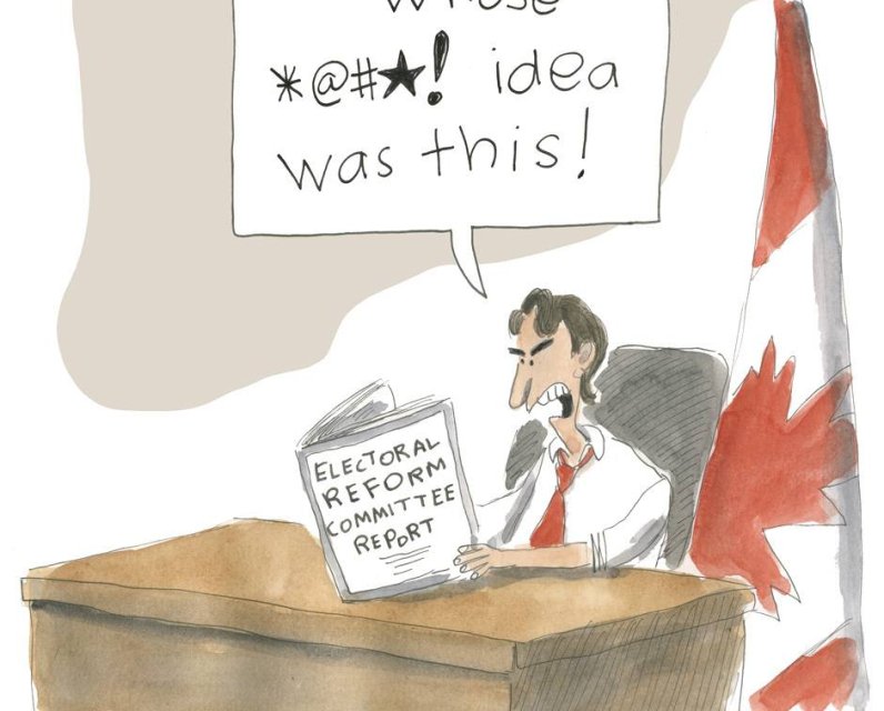 Political cartoon of Trudeau exploding over the Electoral Reform Committee Report in 2016 after he didn't get what he wanted; c/o Toronto Star