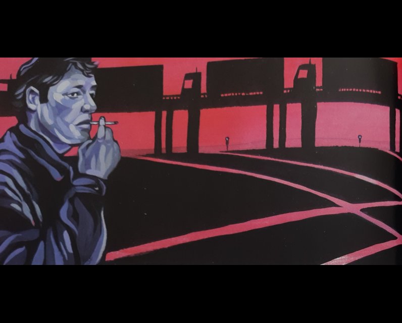 Illustration of a man smoking a cigarette in a parking lot under an overpass with trucks on it.