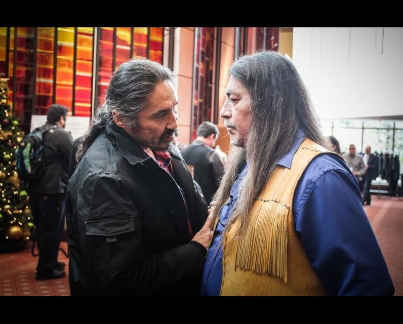 Chief Allan Adam (left) from the Athabasca Fort Chipewyan First Nation chats with Grand Chief Serge Simon from the Mohawks of Kanesatake at a Special Chiefs Assembly in Gatineau, Que., on Dec. 8, 2016. Photo by Mike De Souza