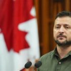 Ukrainian President Volodymyr Zelenskyy in front of a microphone in Canada's Parliament